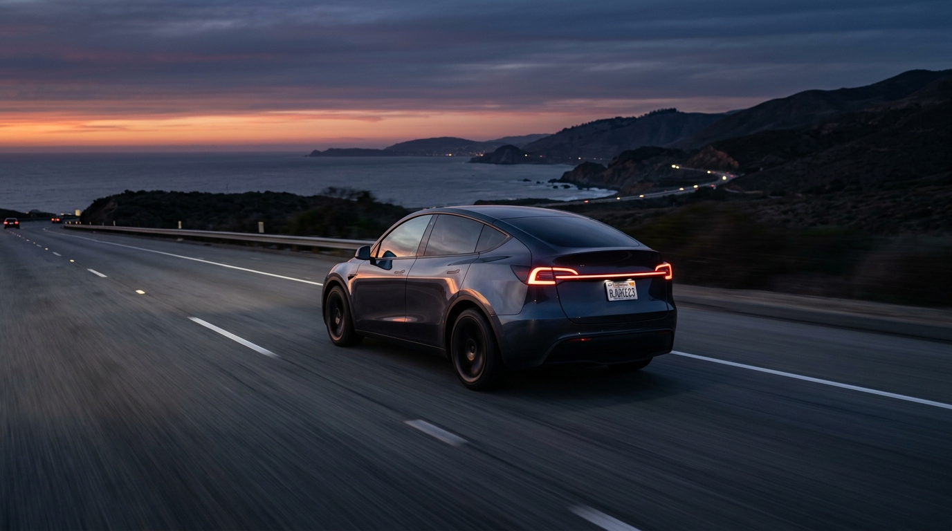 Tesla Model Y driving on California highway at dusk with FSD autonomous driving